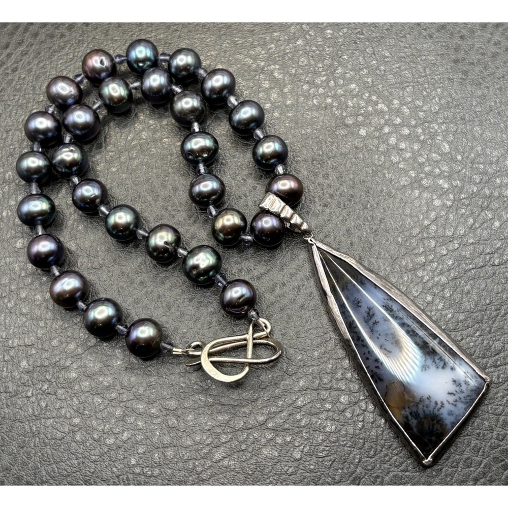 VTG Sterling Silver Dendritic Agate Enhancer Pendant Peacock Pearl Necklace 15"